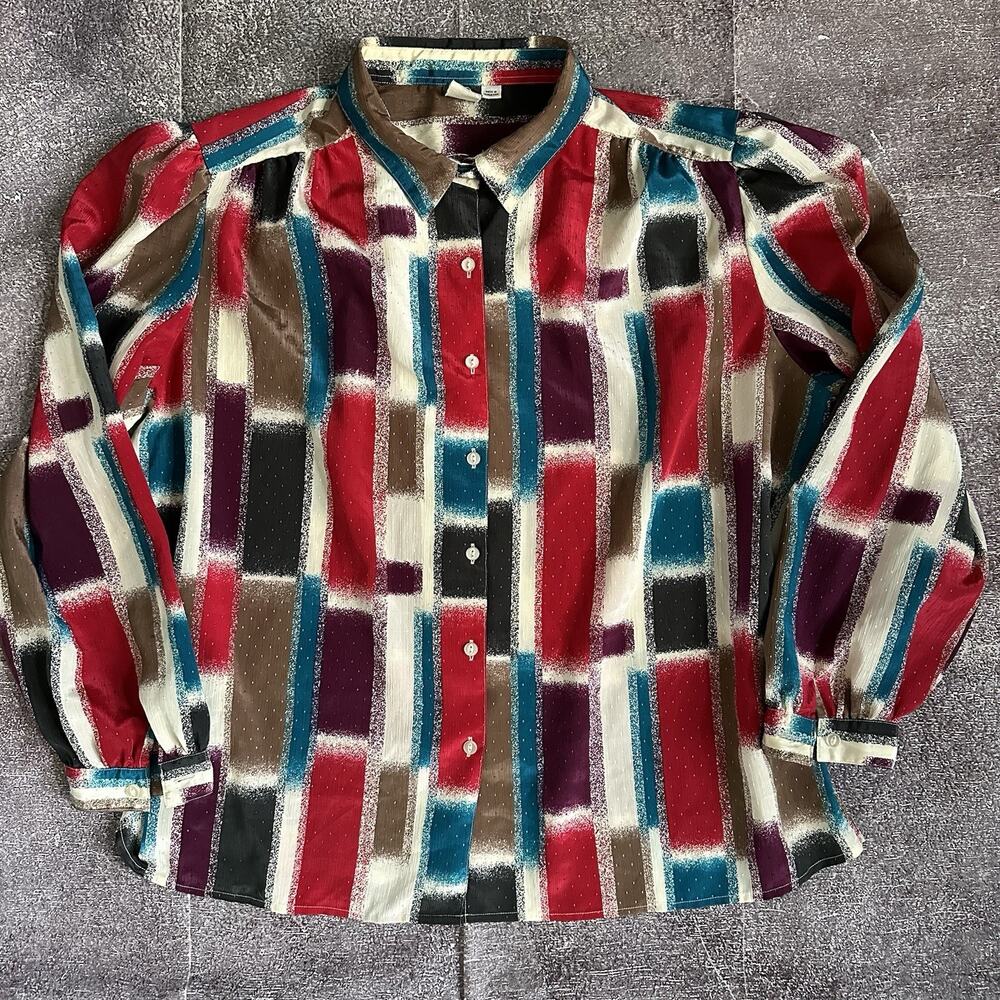 Men's Vintage 70's Pykettes Abstract Red Blue Striped Long Sleeve Shirt Sz L